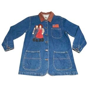 Vintage Haiks Denim Barn Chore Jacket Raggedy Ann & Andy Womens Sz Medium Flag